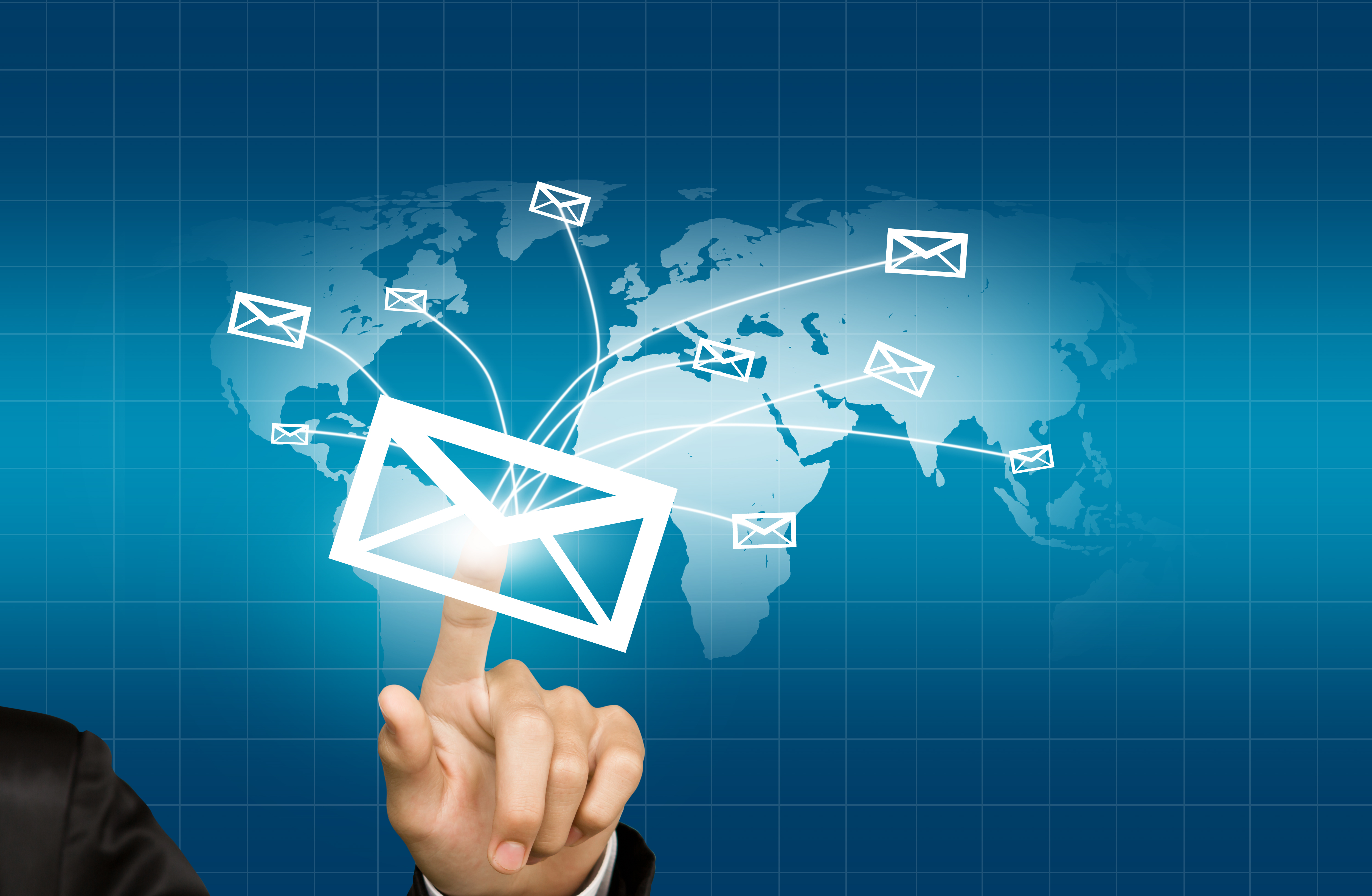hands with world mail delivery on world map background